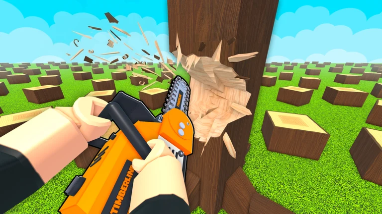 Official Chop A Forest promotional artwork: an orange chainsaw cutting a tree in a green forest of stumps